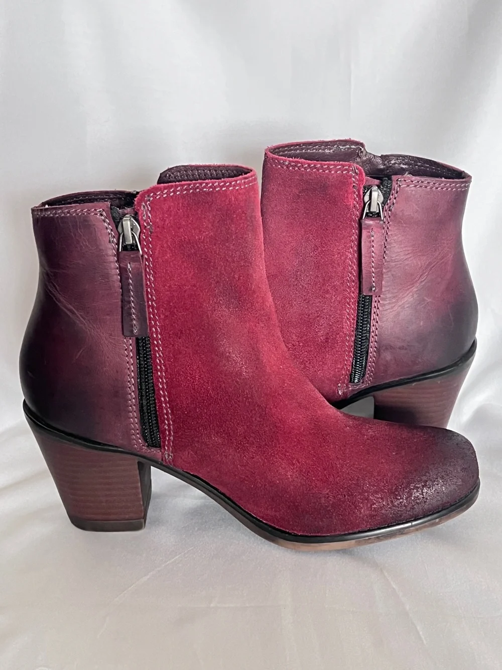 ROAN Lina Burgundy Red Suede Leather Women’s Ankle Boots Booties  Zip Heel